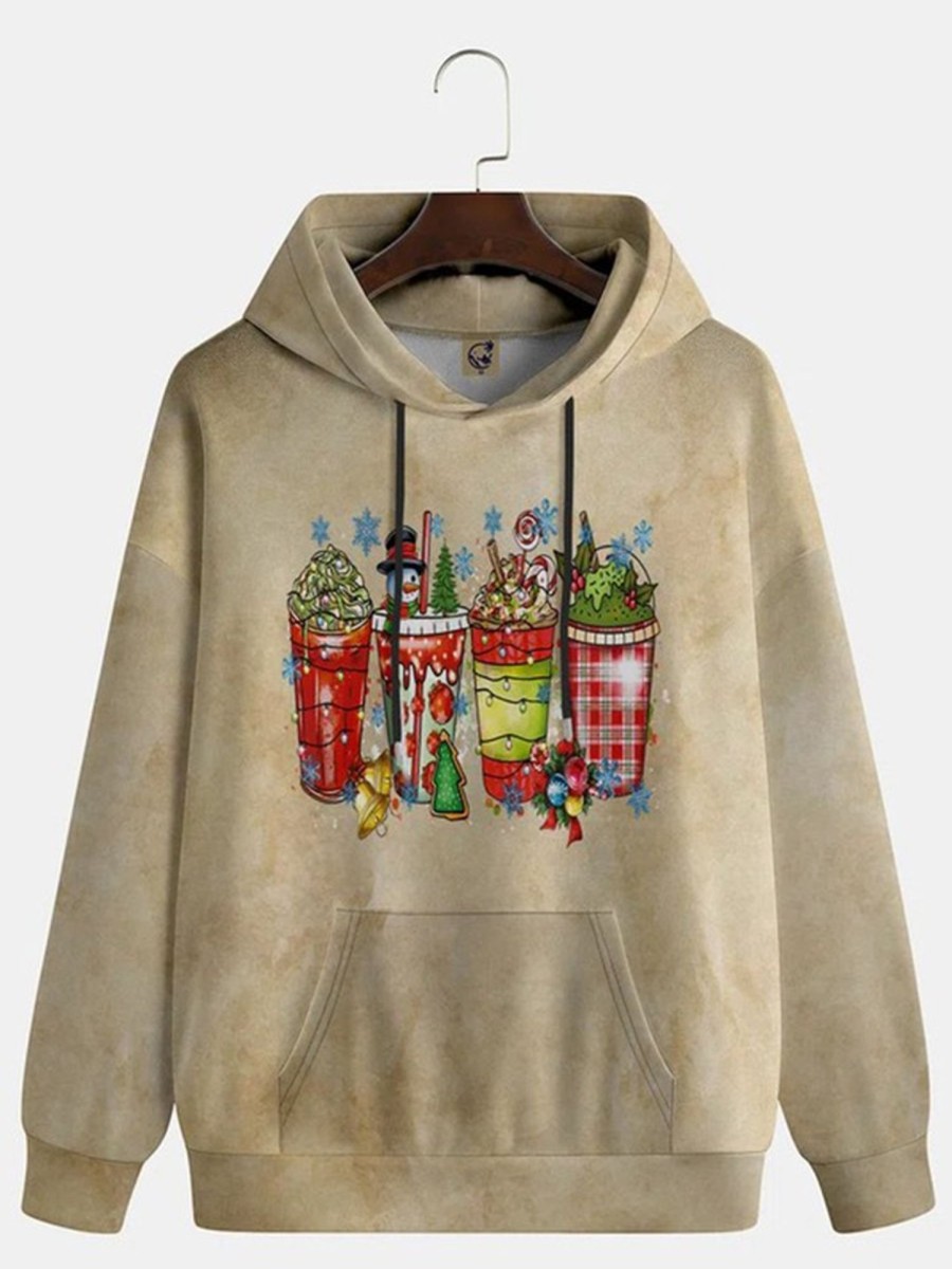 Men LJC T-Shirts | Snowman Santa Mug Print Pocket Hoodie Photo Color