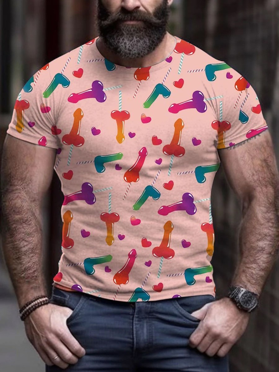 Men DJ T-Shirts | Men'S Lgbt Gay Pride Rainbow Penis Funny Printing T-Shirt Pink