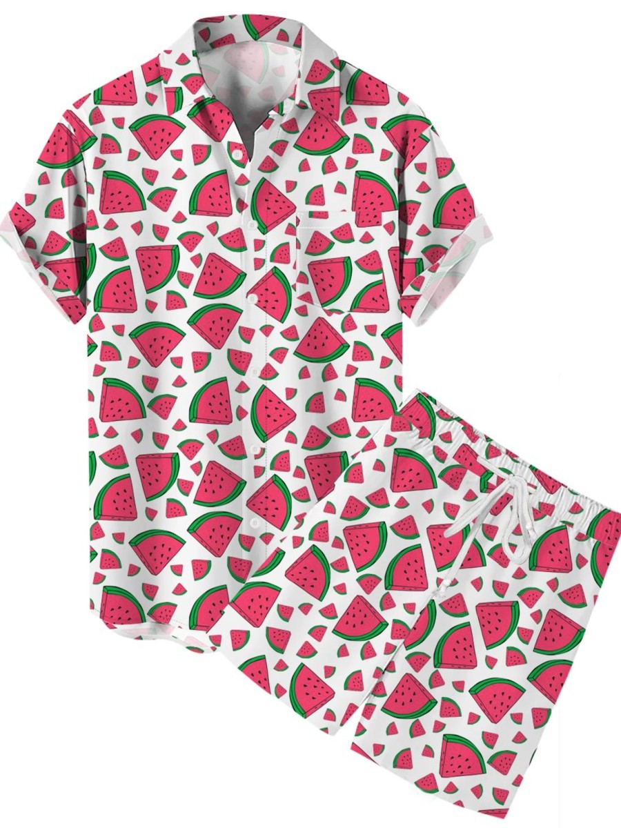 Men LJC Set | Watermelon Print Casual Short Sleeve Shirt Set Photo Color