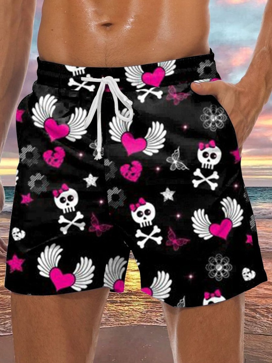 Men LJC Bottoms | Pink Angel Heart Skull Print Casual Shorts Black