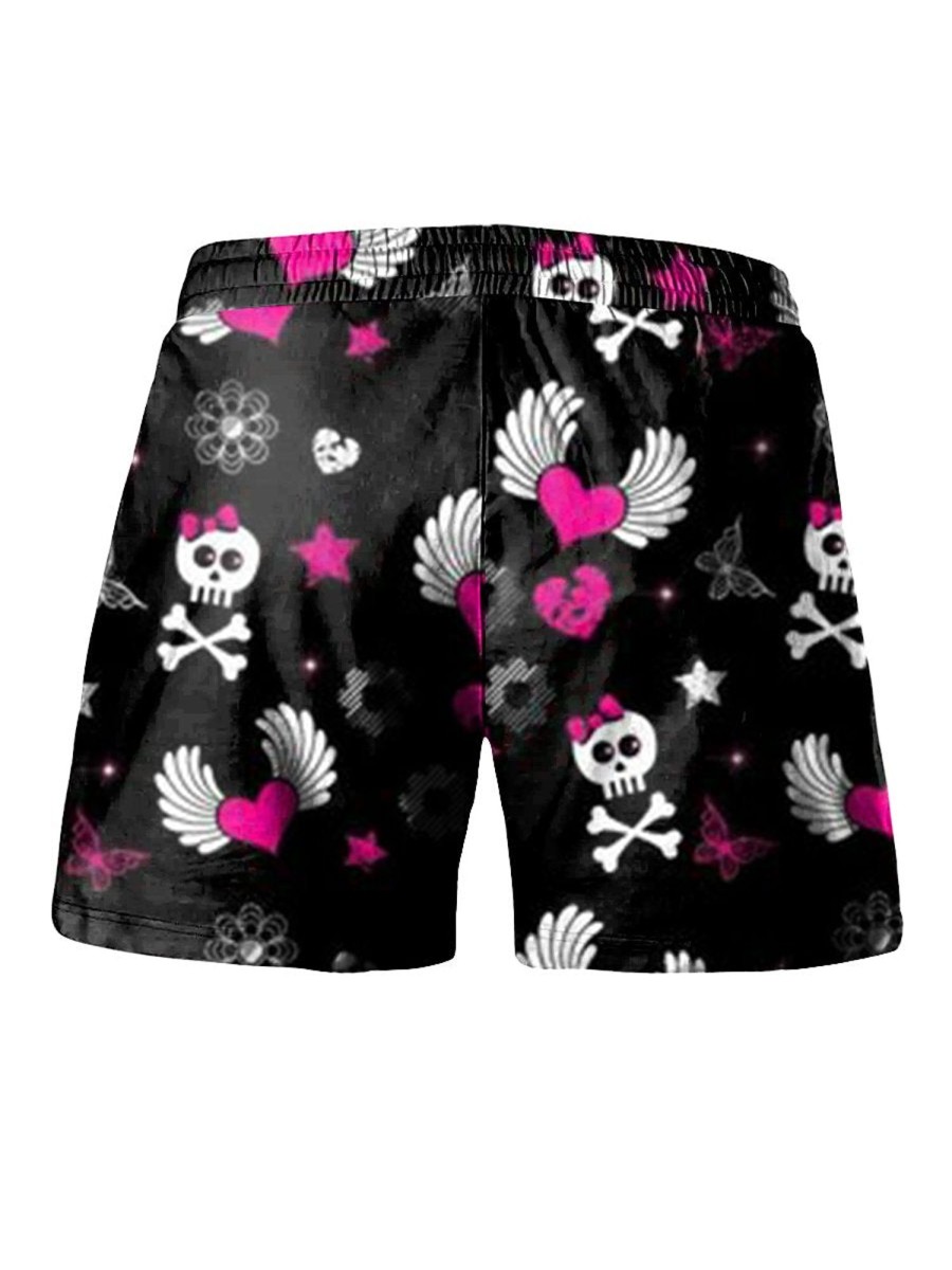 Men LJC Bottoms | Pink Angel Heart Skull Print Casual Shorts Black