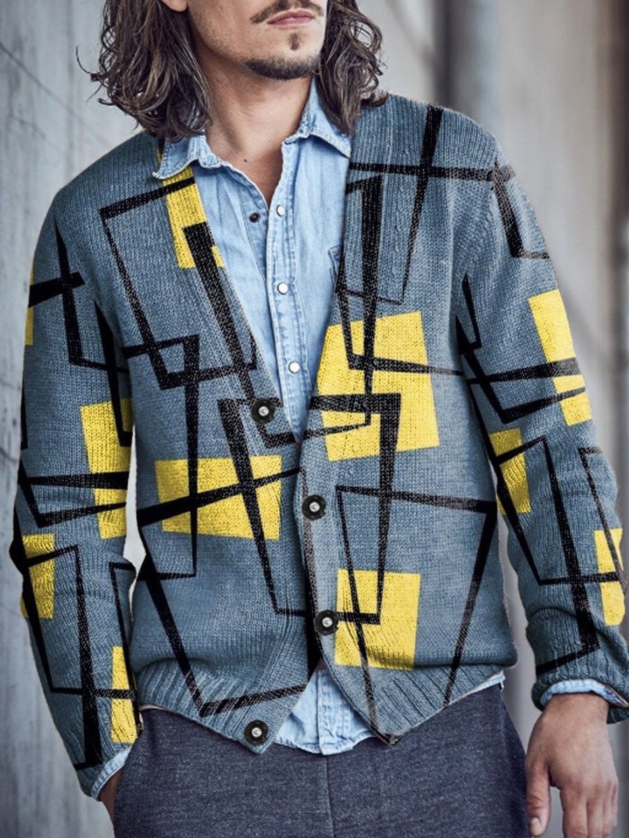 Men DJ Print Cardigan | Retro Geometric Color Block Print V-Neck Knitted Cardigan Photo Color