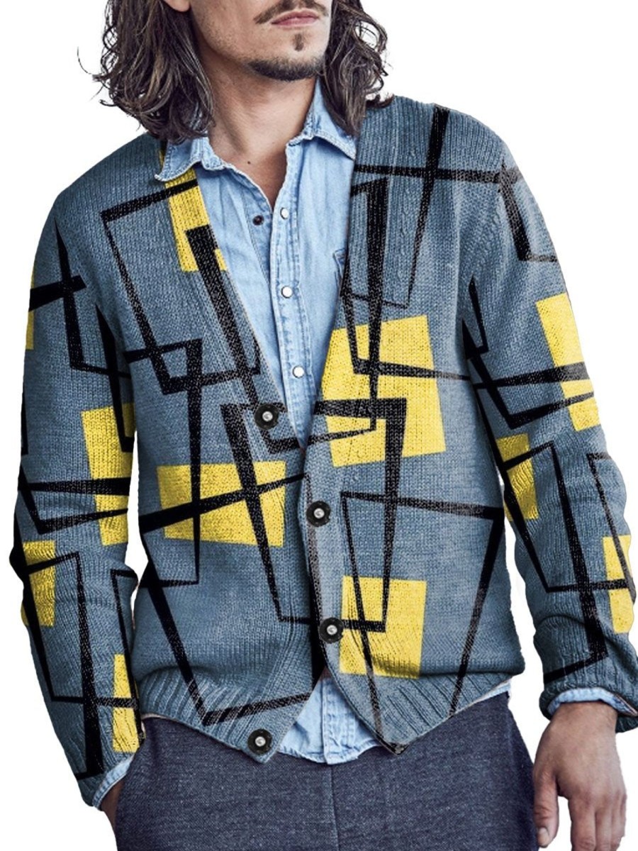 Men DJ Print Cardigan | Retro Geometric Color Block Print V-Neck Knitted Cardigan Photo Color