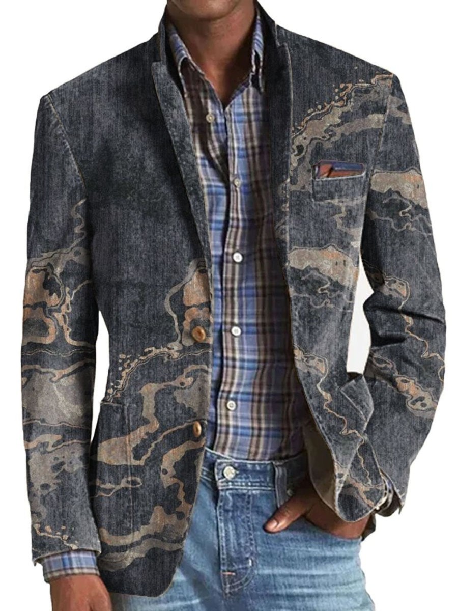 Men DJ Print Jacket | American Retro Line Art Print 3-Pocket Single-Breasted Casual Blazer Photo Color