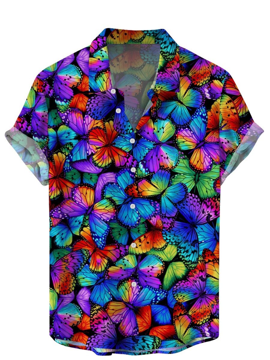 Men HLJ Shirts | Colorful Butterfly Print Short Sleeve Shirt Polychromatic