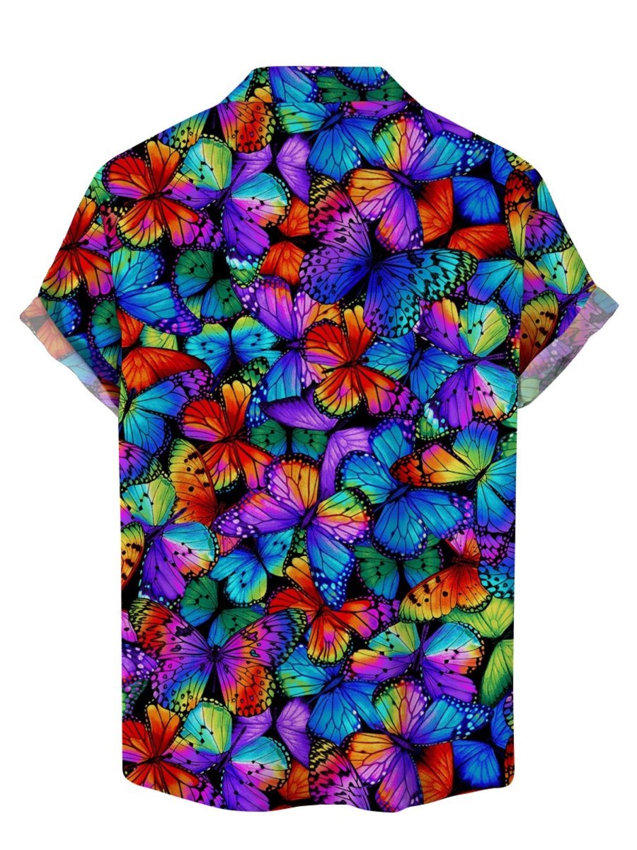 Men HLJ Shirts | Colorful Butterfly Print Short Sleeve Shirt Polychromatic