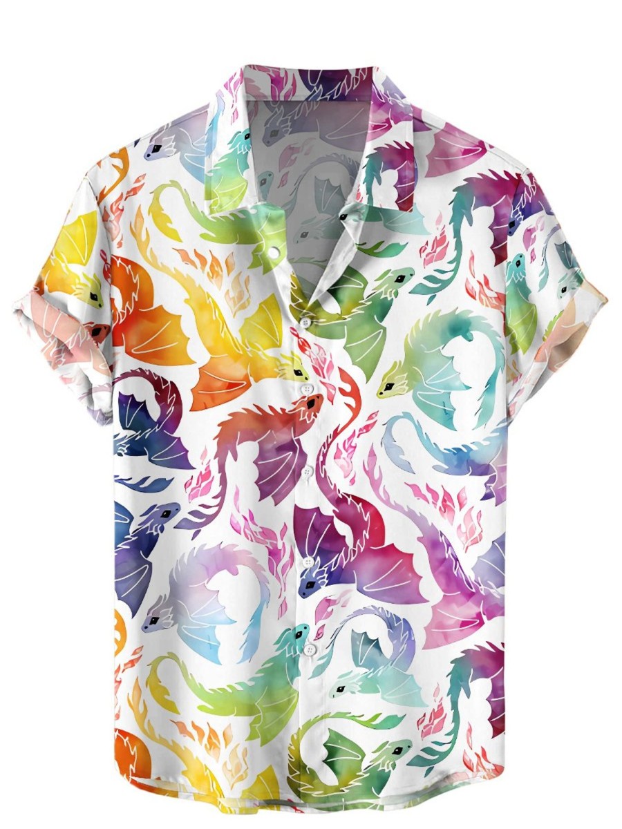 Men HWT Shirts | Men'S Hawaiian Shirts Rainbow Dragon Print Aloha Shirts White