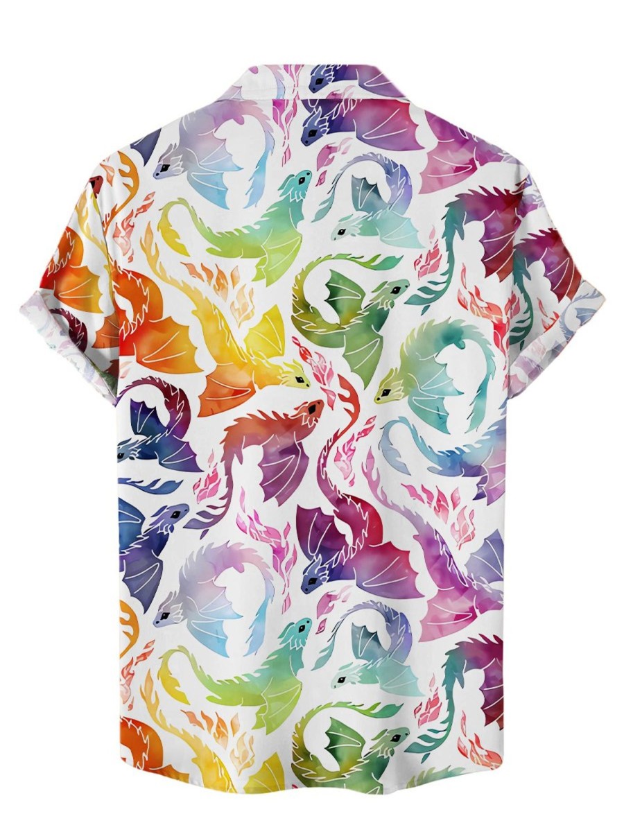 Men HWT Shirts | Men'S Hawaiian Shirts Rainbow Dragon Print Aloha Shirts White