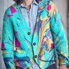 Men DJ Print Cardigan | Colorful Art Inkjet Print V-Neck Knitted Cardigan Photo Color