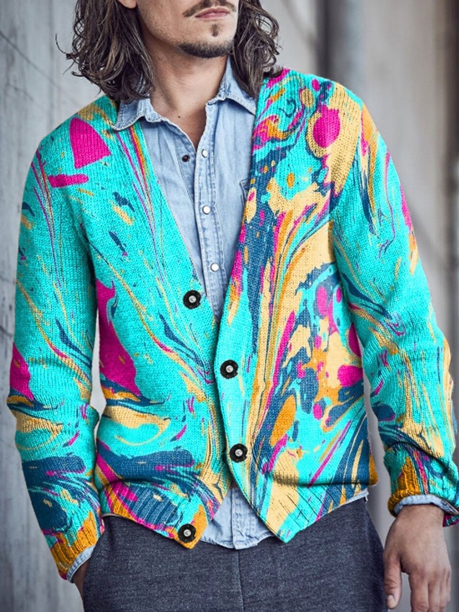 Men DJ Print Cardigan | Colorful Art Inkjet Print V-Neck Knitted Cardigan Photo Color