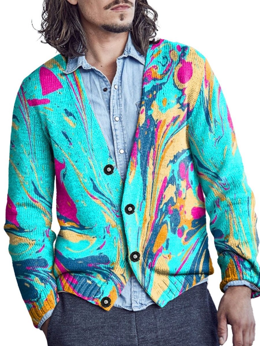 Men DJ Print Cardigan | Colorful Art Inkjet Print V-Neck Knitted Cardigan Photo Color