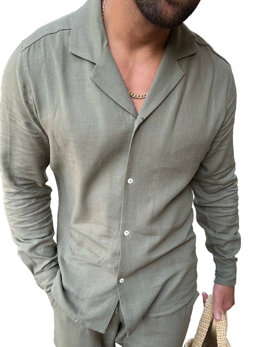 Men QMY Casual Long Sleeve Shirts | Casual Solid Color Vacation Long Sleeve Shirt Green