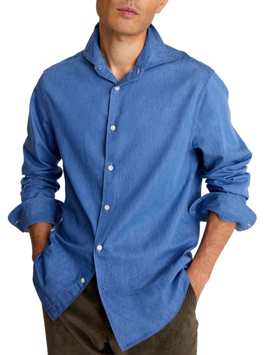 Men BXL Casual Shirts | Men'S Retro Solid Color Casual Denim Long Sleeve Shirt Blue