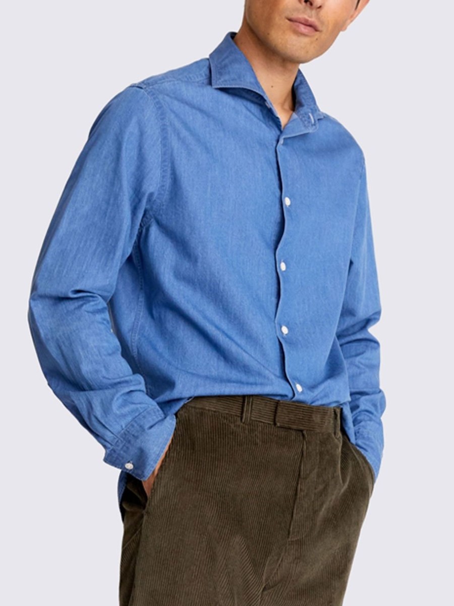 Men BXL Casual Shirts | Men'S Retro Solid Color Casual Denim Long Sleeve Shirt Blue