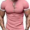 Men DJ Casual Shirts | Solid Color Half-Zip Casual Short-Sleeved T-Shirt Pink