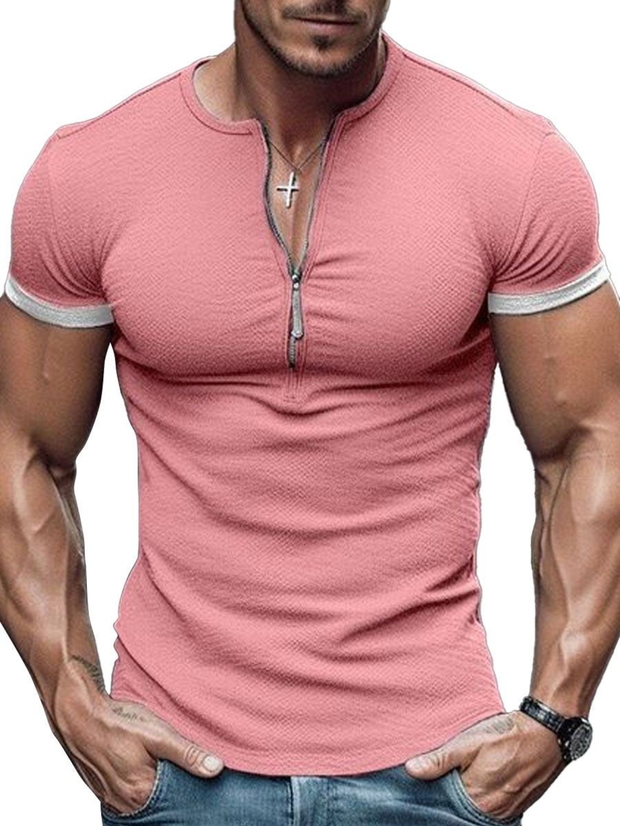 Men DJ Casual Shirts | Solid Color Half-Zip Casual Short-Sleeved T-Shirt Pink