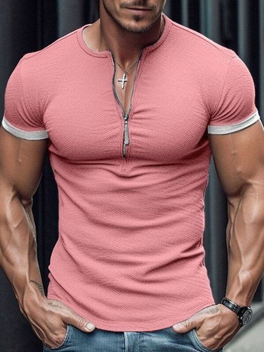 Men DJ Casual Shirts | Solid Color Half-Zip Casual Short-Sleeved T-Shirt Pink