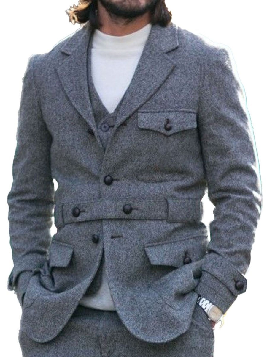 Men DJ Jacket | Lapel Three-Pocket Lace-Up Vintage Woolen Blazer Gray