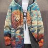 Men BXL Print Jacket | Men'S Casual Rescue Animal Lion Art Painted Zip Hooded Fleece Jacket Orange