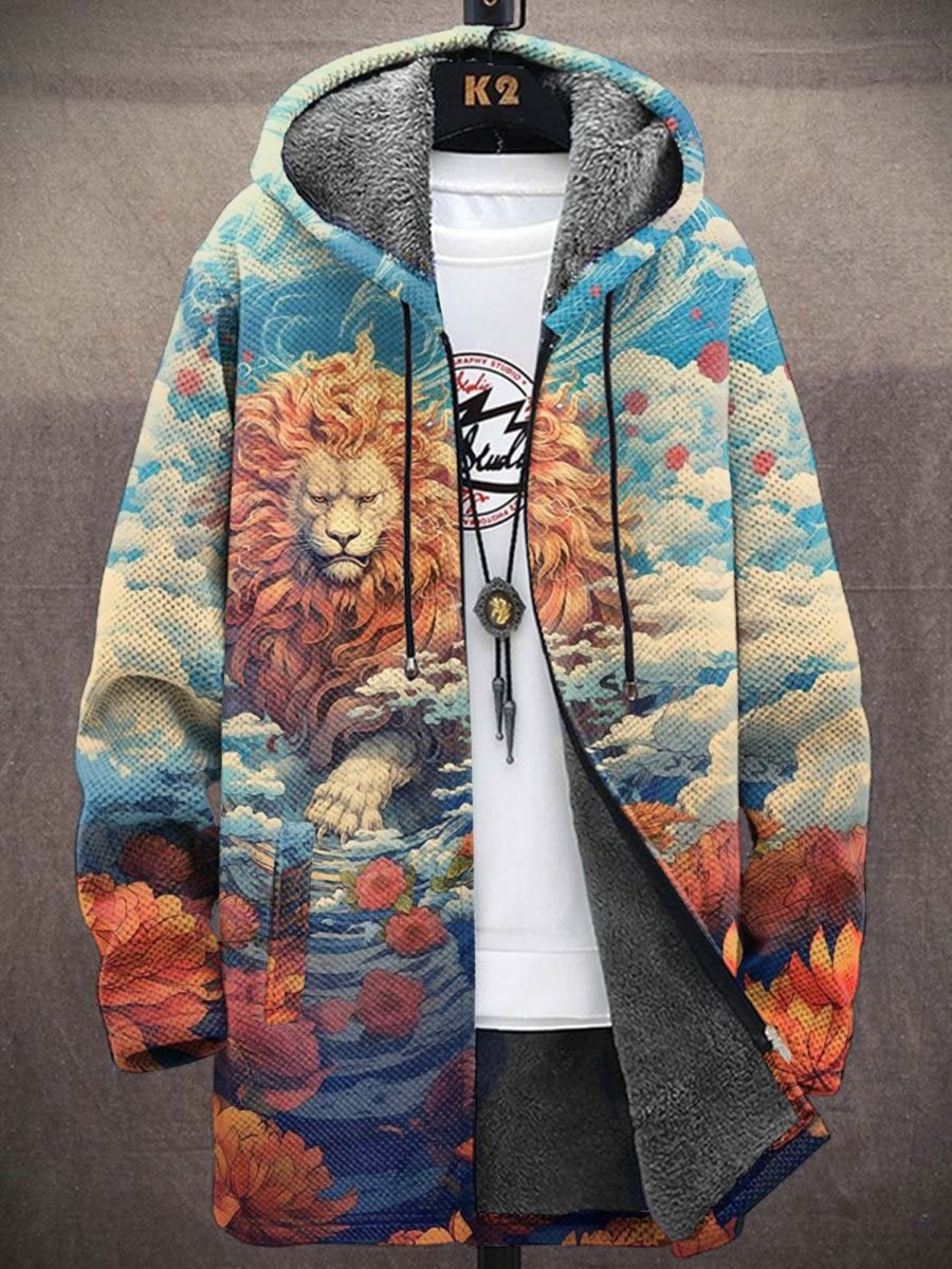 Men BXL Print Jacket | Men'S Casual Rescue Animal Lion Art Painted Zip Hooded Fleece Jacket Orange