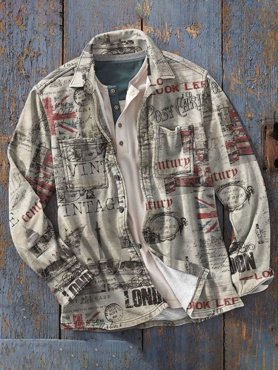 Men DJ Jacket | Vintage Print Pocket Lapel Casual Jacket Khaki