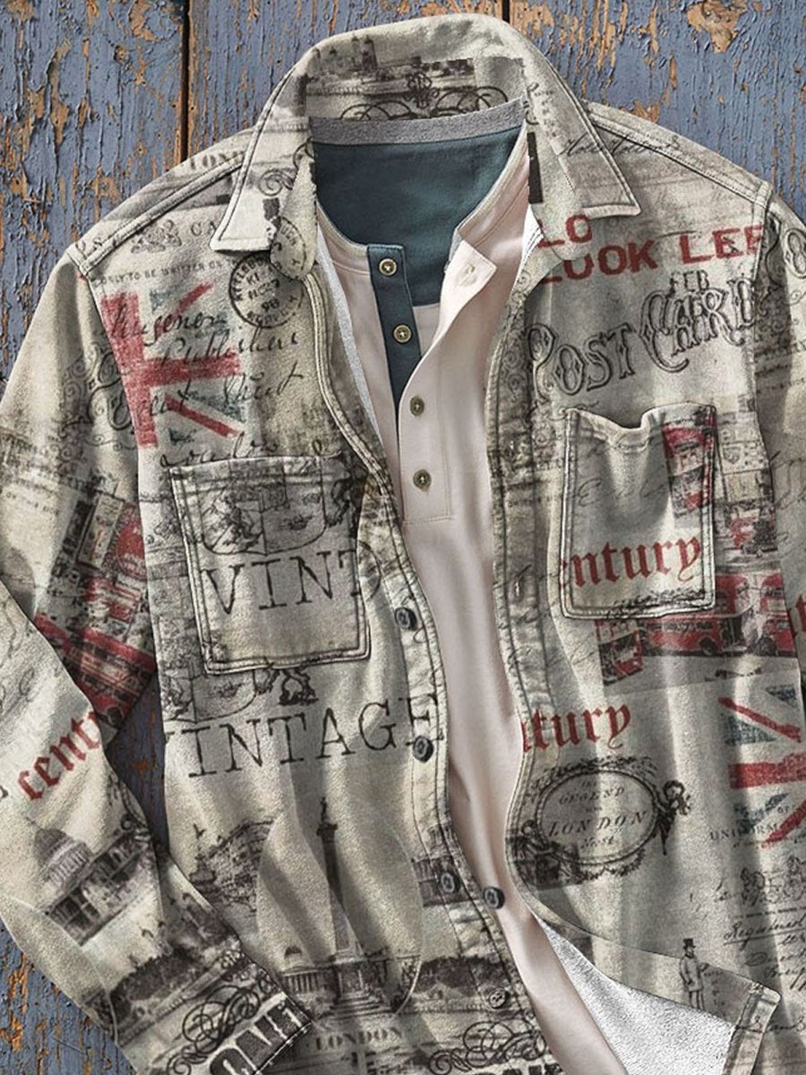 Men DJ Jacket | Vintage Print Pocket Lapel Casual Jacket Khaki