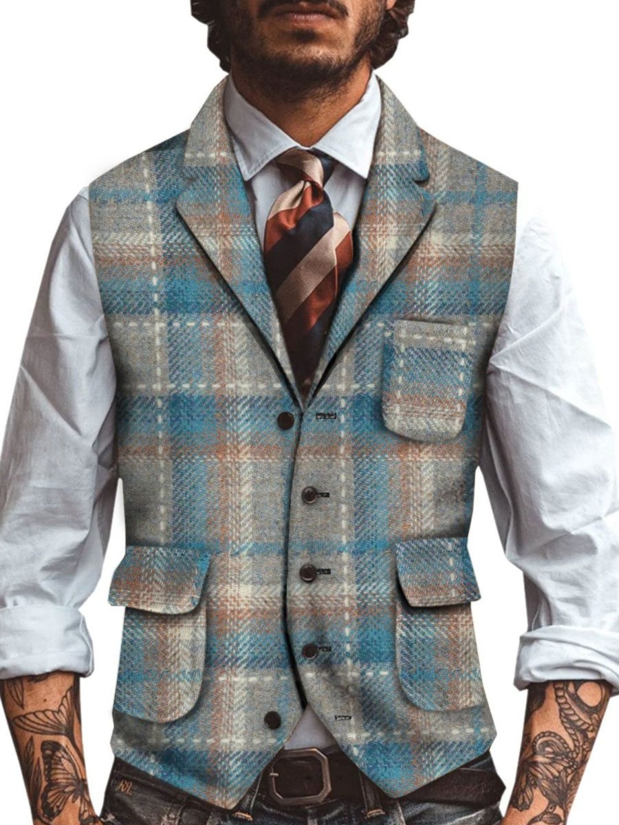 Men BXL Vest | Men'S Wool Plaid Printed Casual Multi-Pocket Vest Blue