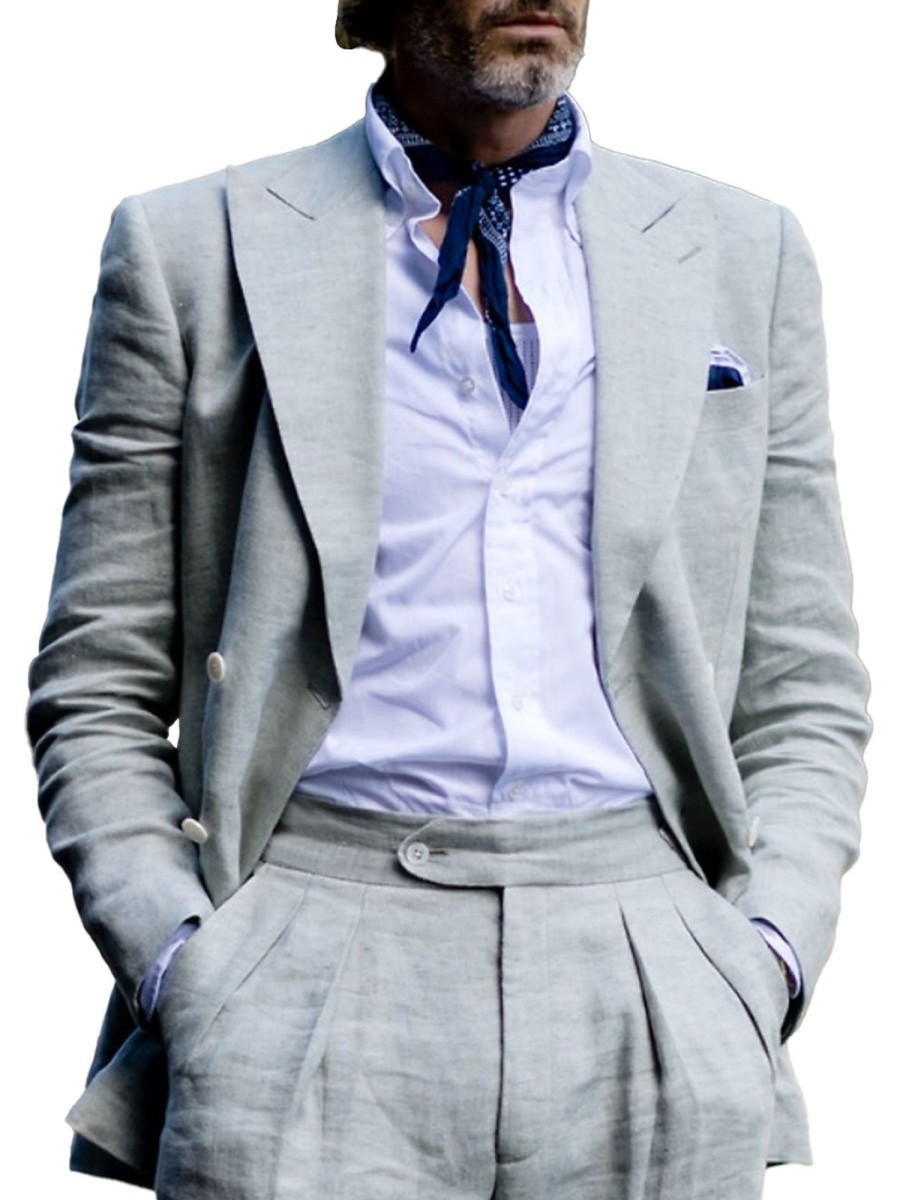 Men BXL Jacket | Men'S Cotton And Linen Double-Breasted Pocket Casual Blazer Gray Blue