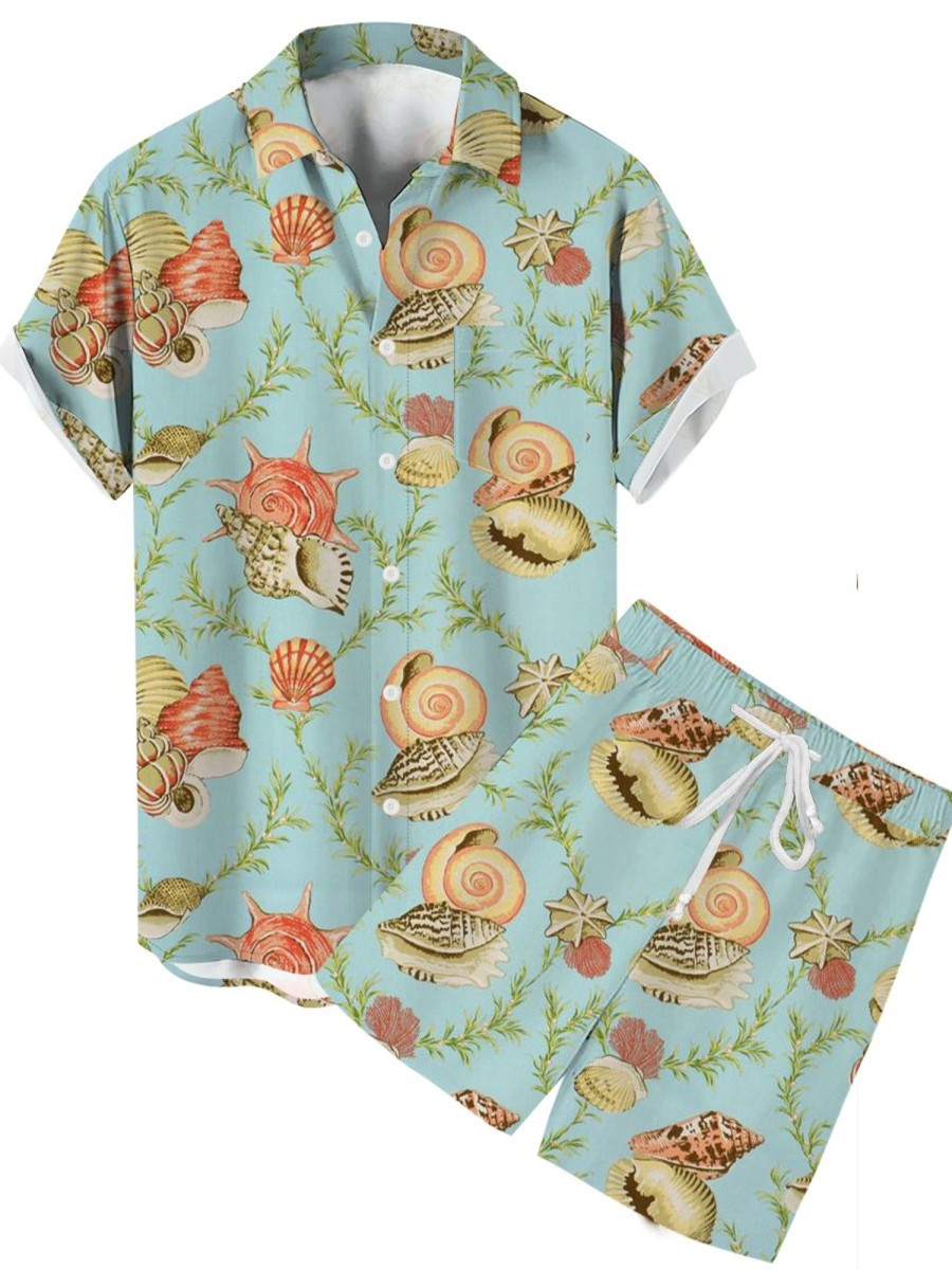 Men GYJ Set | Conch Shell Print Casual Short-Sleeved Shirt And Shorts Two-Piece Set Light Green