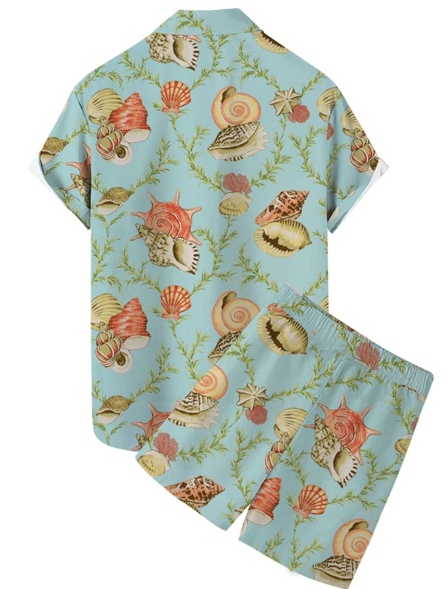 Men GYJ Set | Conch Shell Print Casual Short-Sleeved Shirt And Shorts Two-Piece Set Light Green