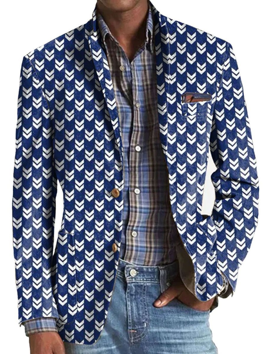 Men DJ Print Jacket | Vintage And White Geometric Print Three-Pocket Lapel Casual Blazer Blue