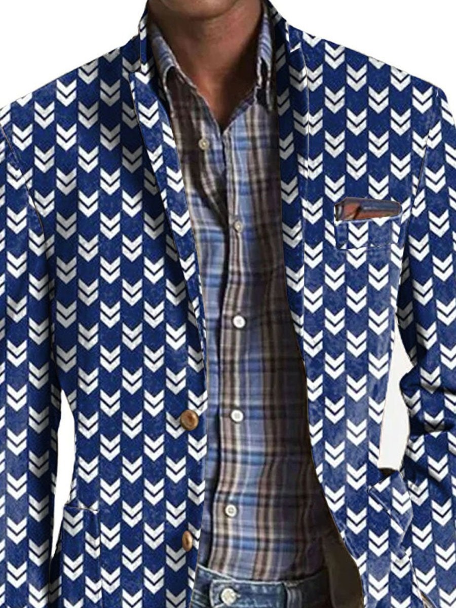 Men DJ Print Jacket | Vintage And White Geometric Print Three-Pocket Lapel Casual Blazer Blue