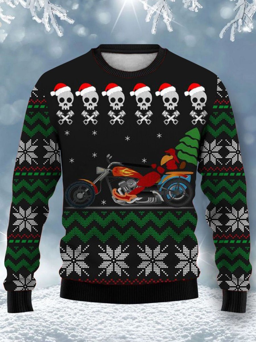 Men DJ Ugly Sweater | Christmas Skull Biker Print Crew Neck Sweatshirt Black