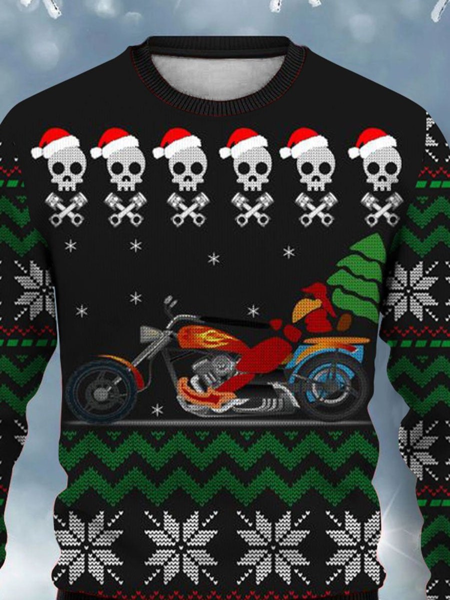 Men DJ Ugly Sweater | Christmas Skull Biker Print Crew Neck Sweatshirt Black