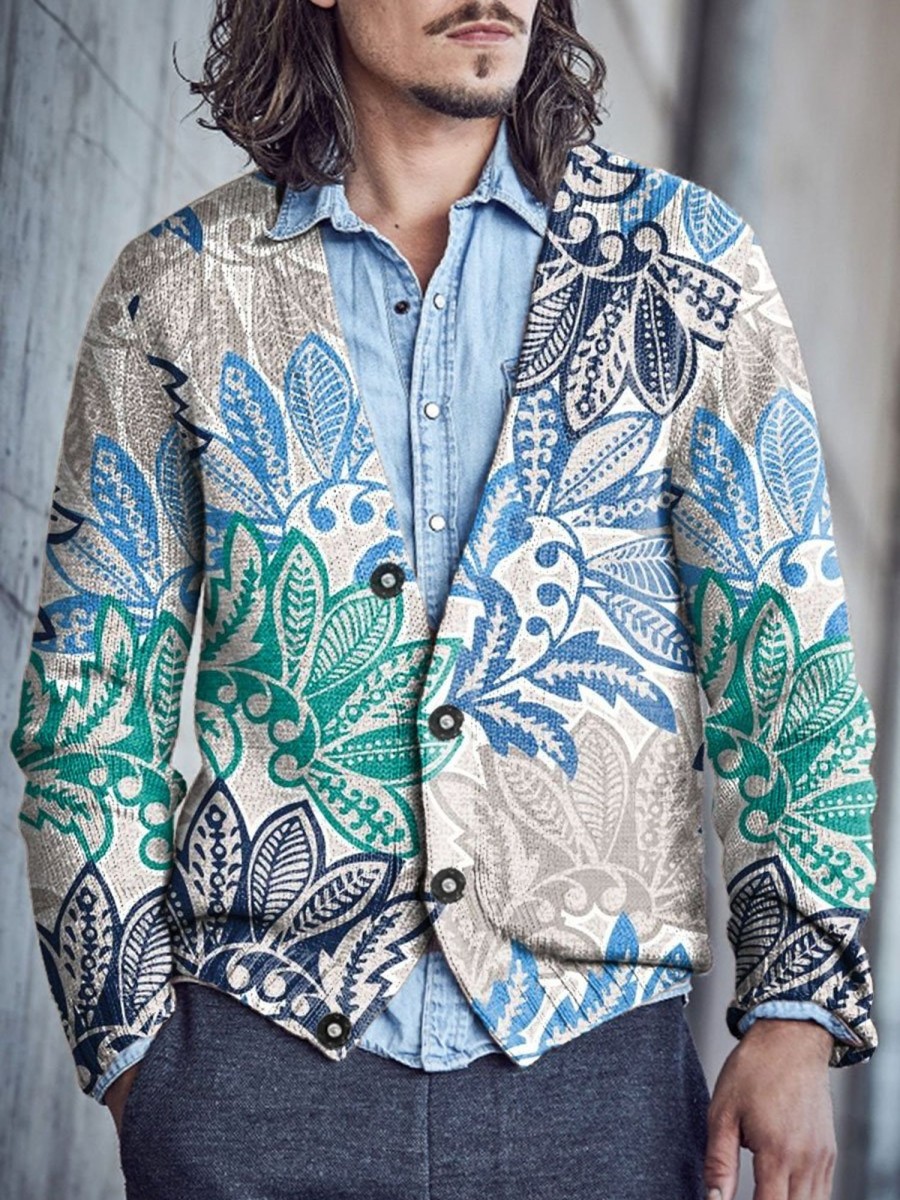 Men BXL Print Cardigan | Men'S Casual Hand-Painted Art Single-Breasted V-Neck Woolen Cardigan Blue