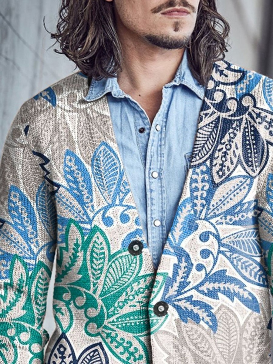 Men BXL Print Cardigan | Men'S Casual Hand-Painted Art Single-Breasted V-Neck Woolen Cardigan Blue