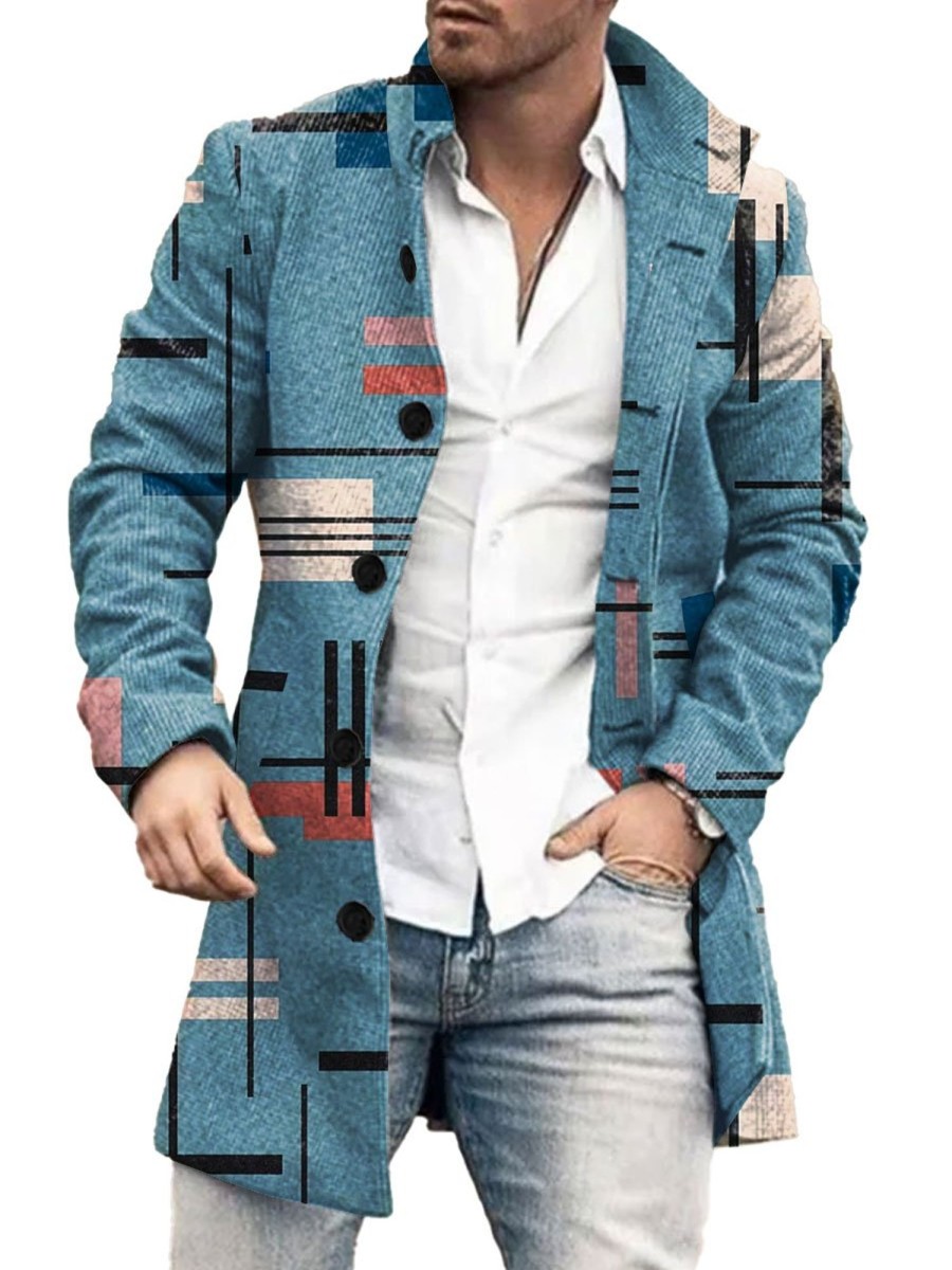 Men BXL Print Jacket | Men'S Retro Colorful Line Art Print Double-Sided Wool Single-Breasted Coat Blue