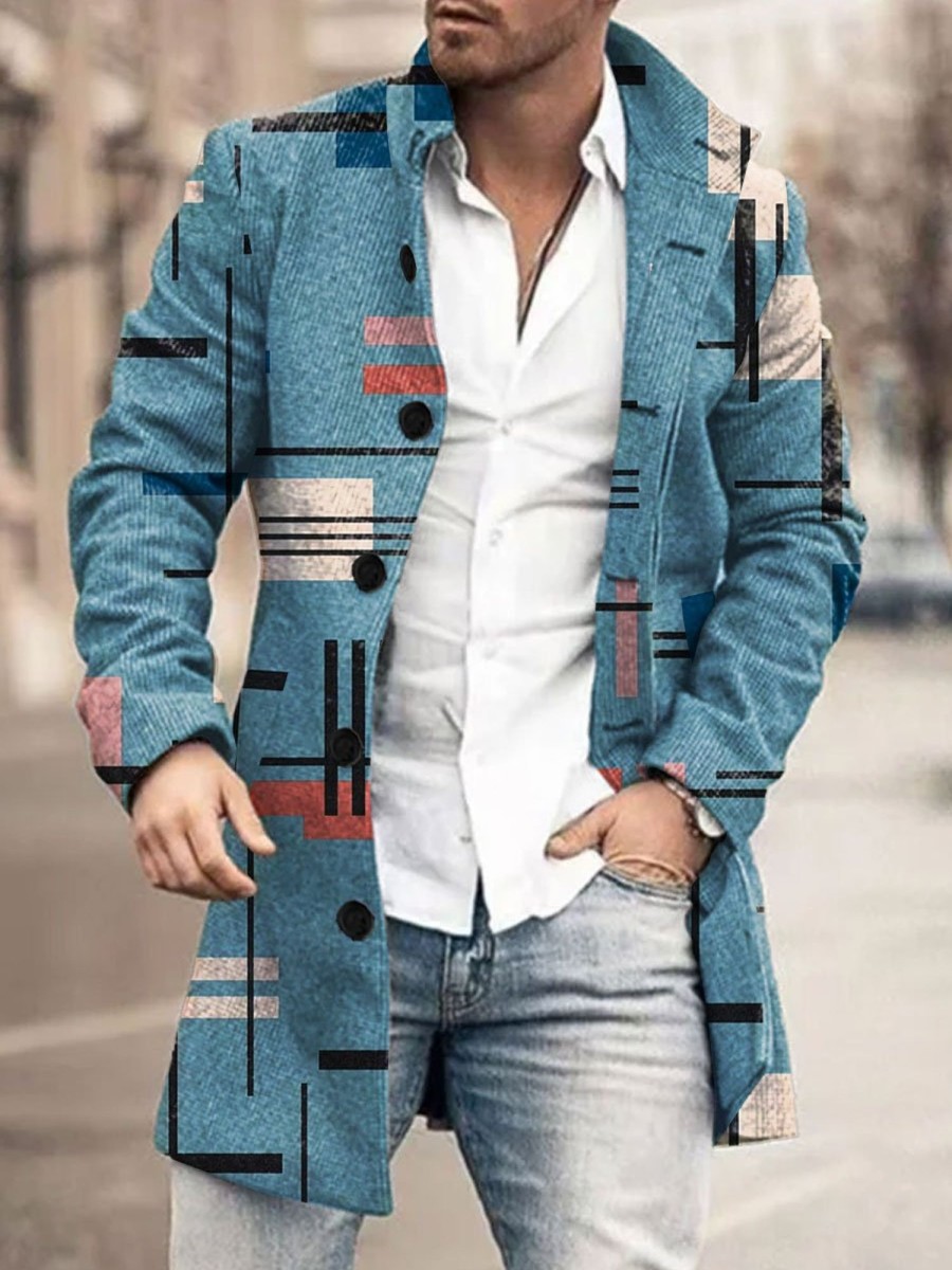 Men BXL Print Jacket | Men'S Retro Colorful Line Art Print Double-Sided Wool Single-Breasted Coat Blue