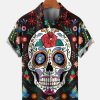 Men HLJ Shirts | Men'S Casual Sugar Skull Print Short Sleeve Shirt Black