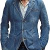 Men DJ Jacket | Lapel 3-Pocket Single-Breasted Vintage Denim Casual Blazer Blue