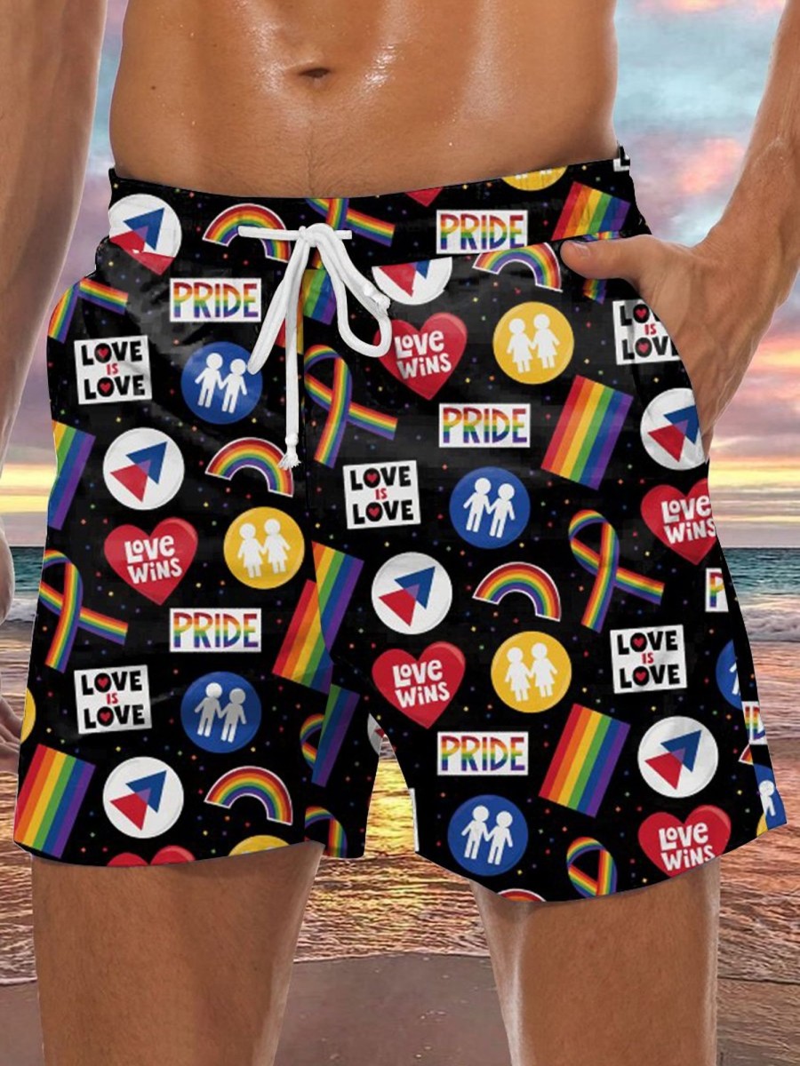 Men DJ Bottoms | Pride Month Lgbt Print Double Pocket Lace Up Shorts Black