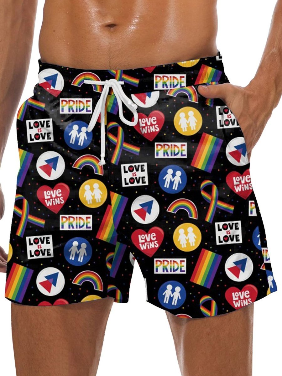 Men DJ Bottoms | Pride Month Lgbt Print Double Pocket Lace Up Shorts Black