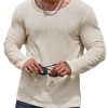 Men DJ Casual Shirts | Solid Color Round Neck Waffle Casual Long-Sleeved T-Shirt Beige