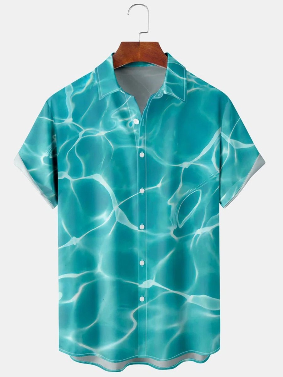 Men HLJ Shirts | Ocean Water Print Casual Short Sleeve Shirt Light Blue