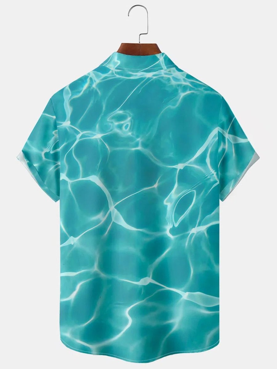 Men HLJ Shirts | Ocean Water Print Casual Short Sleeve Shirt Light Blue