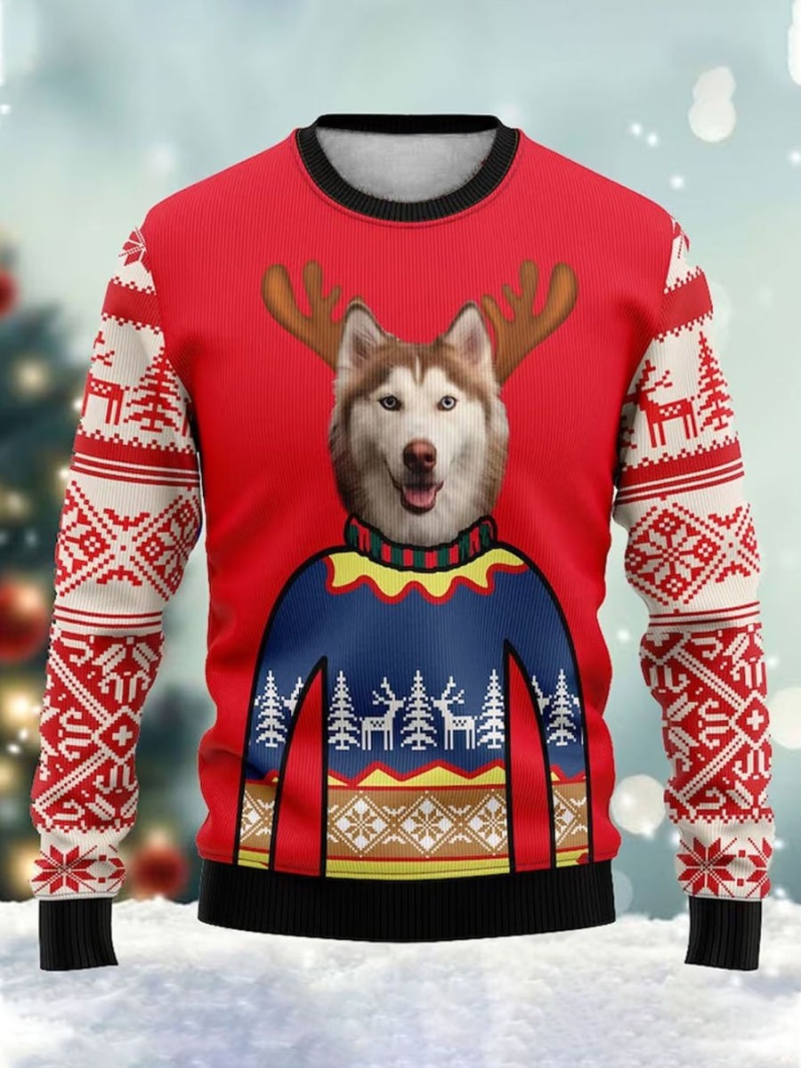 Men DJ Ugly Sweater | Christmas Puppy Print Casual Crew Neck Sweatshirt Red