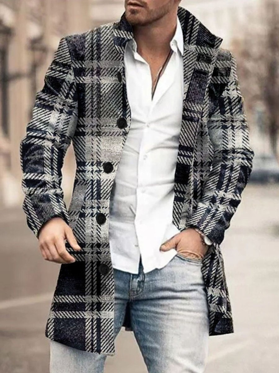 Men DJ Print Jacket | Stand-Collar Single-Breasted Classic Plaid Print Double-Pocket Wool Coat Black