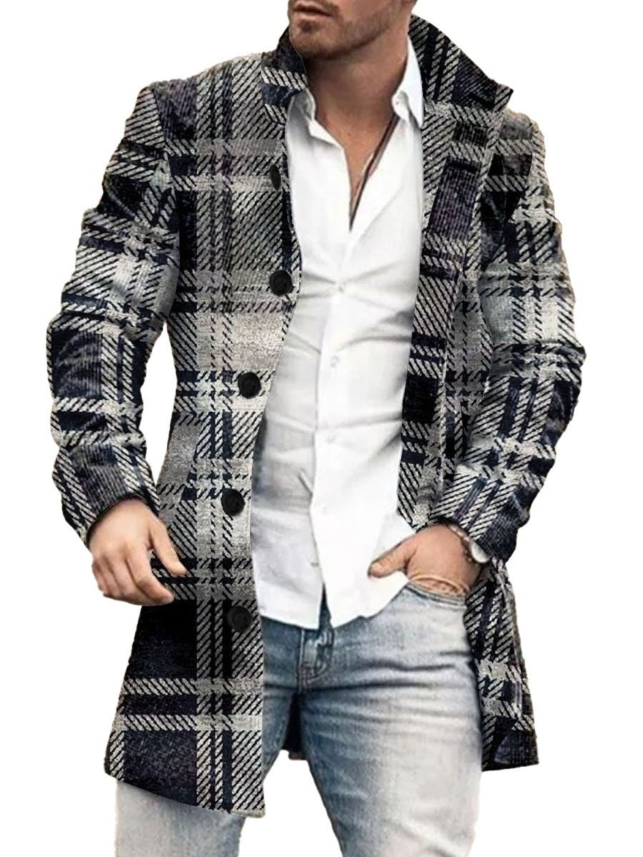 Men DJ Print Jacket | Stand-Collar Single-Breasted Classic Plaid Print Double-Pocket Wool Coat Black