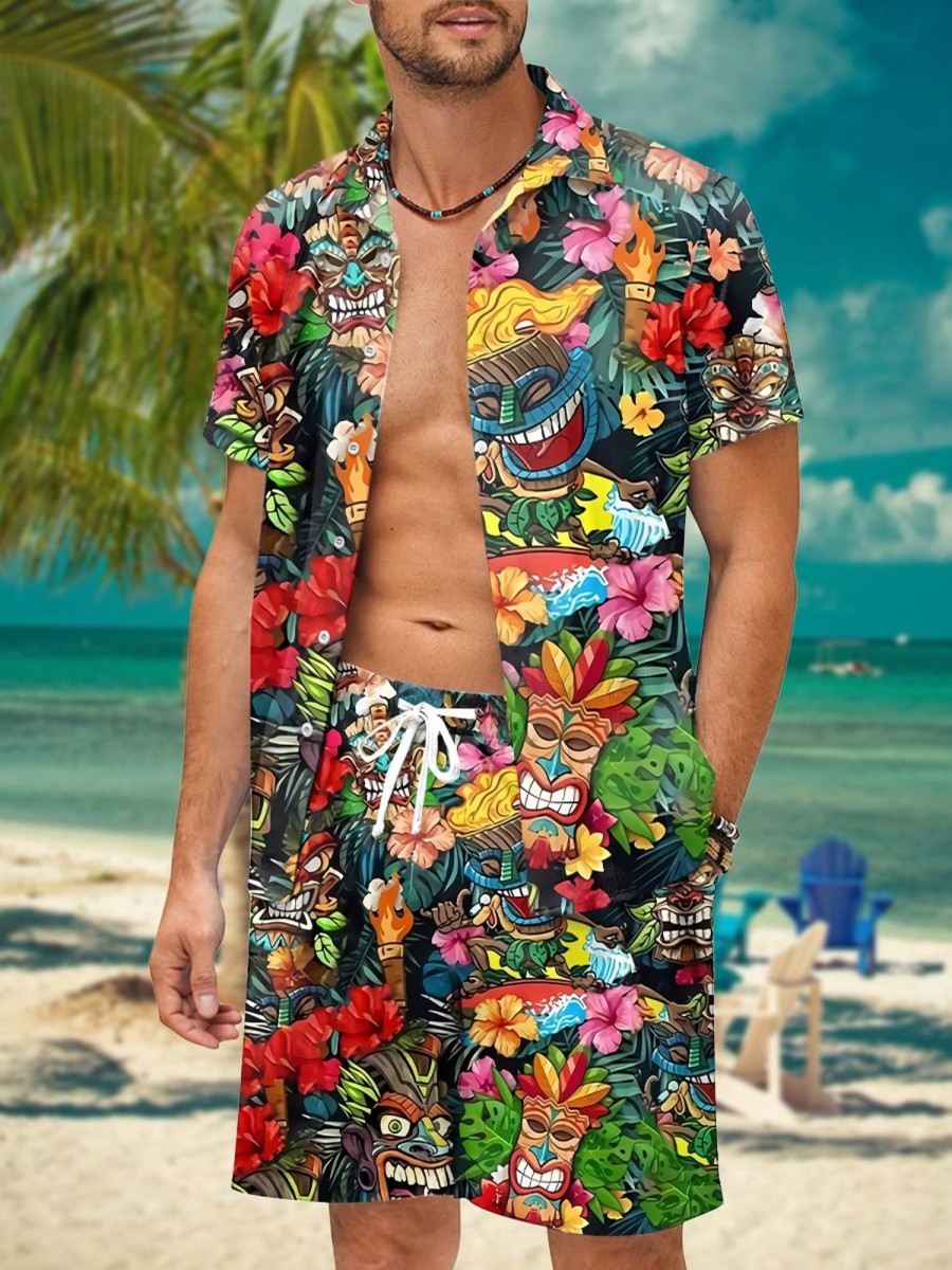 Men HWT Set | Men'S Sets Holiday Hawaiian Topical Tiki Print Two Piece Sets Green