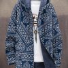 Men DJ Print Jacket | Retro Geometric Floral Print Pocket Hooded Casual Jacket Navy